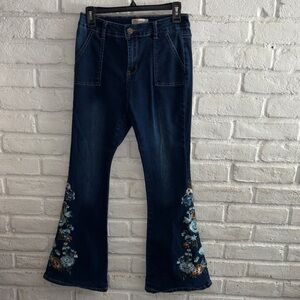 BAMBOO Floral Embroidered Flare Jeans - Dark Blue size 9